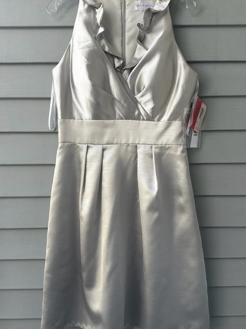 Jasmine Silver Satin Ruffle V-Neck Formal Dress